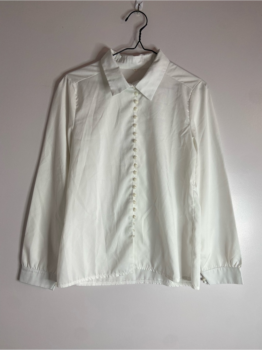 Classic White Round Pearl Button-Down Blouse Long Sleeve Dress Shirt